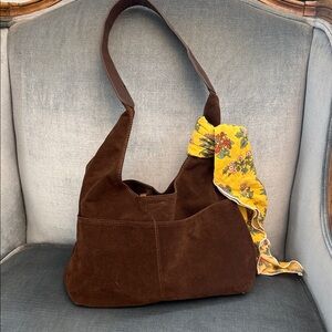 FINALE SALE PRICE Brown Faux Suede Hobo Bag with Floral Accent